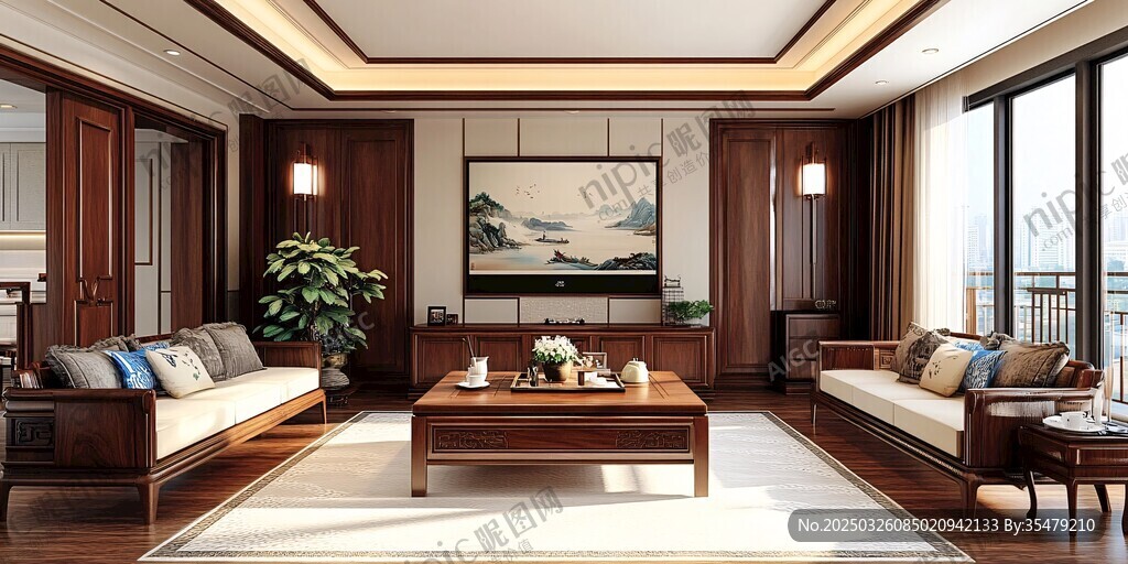 中式典雅客廳室內(nèi)場景展示