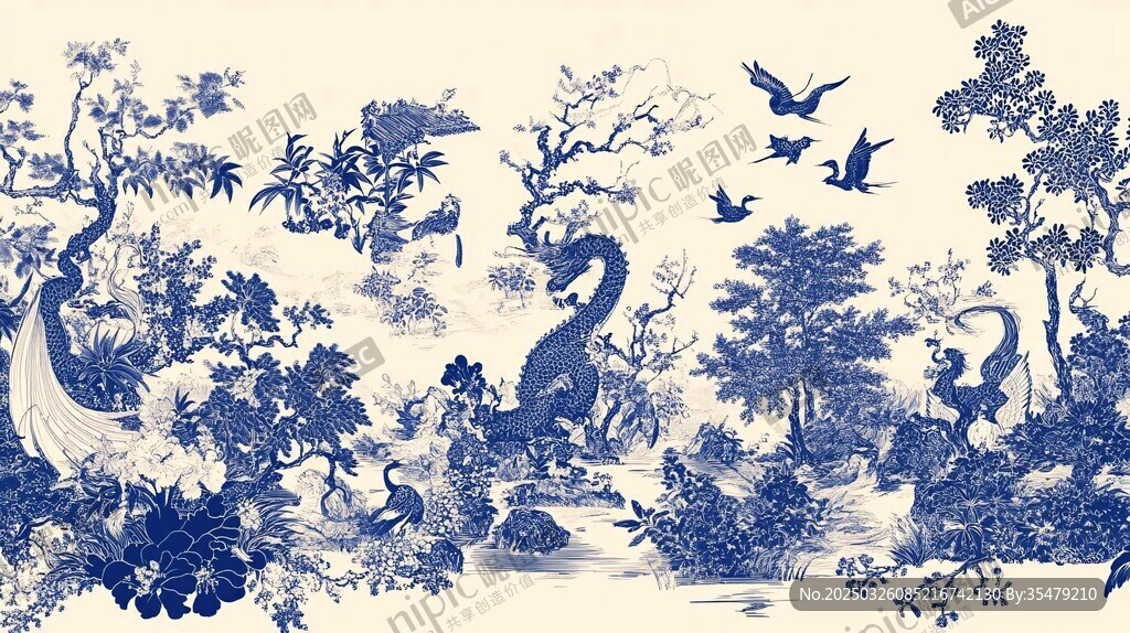青花瓷風(fēng)花鳥山水圖案
