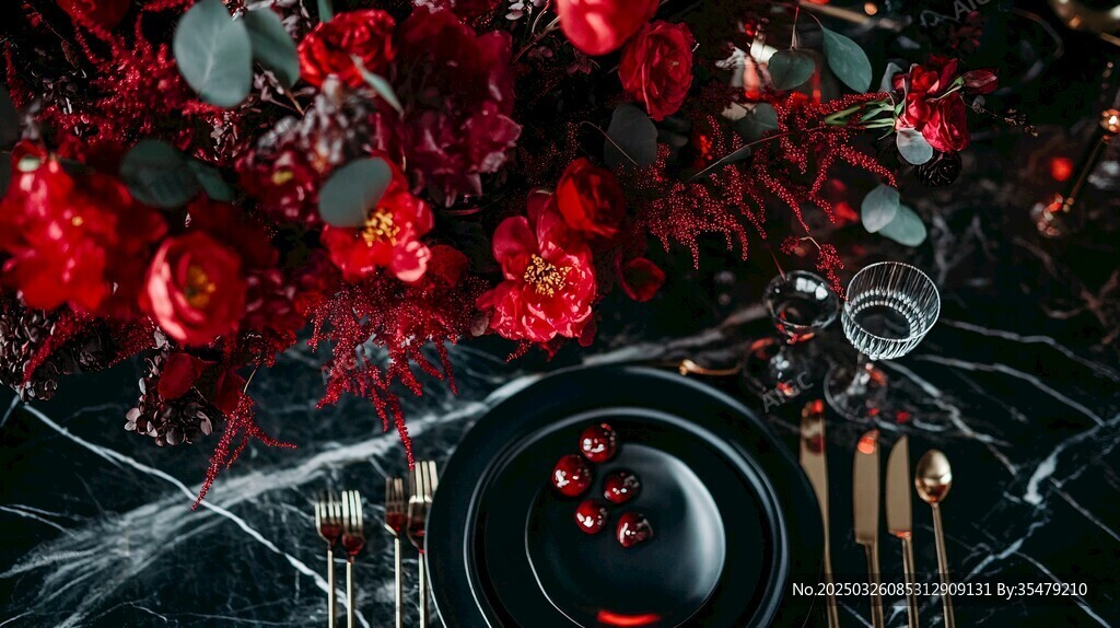 紅黑系奢華餐桌花卉布置