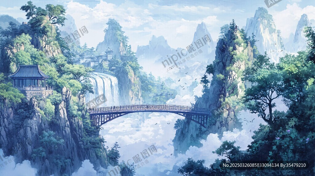 水墨山水間的古韻橋景