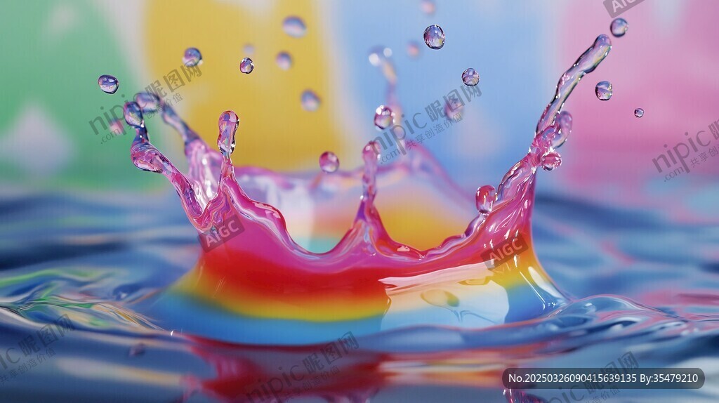 彩虹色水滴濺落絢麗瞬間