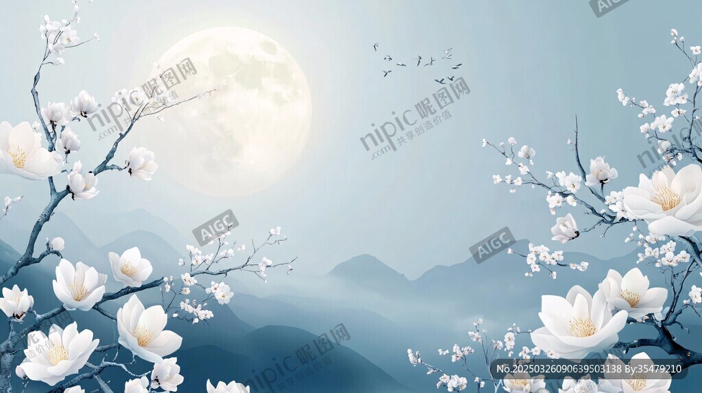 月夜玉蘭花枝映遠(yuǎn)山