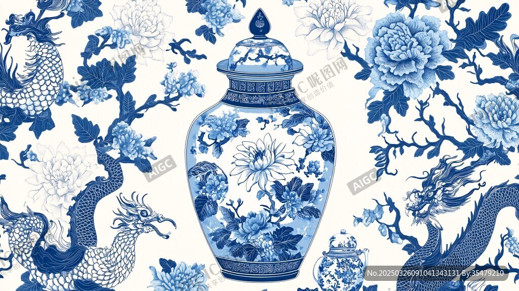 青花瓷瓶與龍鳳花卉圖案