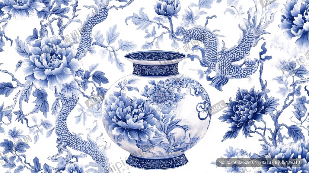 青花瓷瓶與花卉龍鳳圖案
