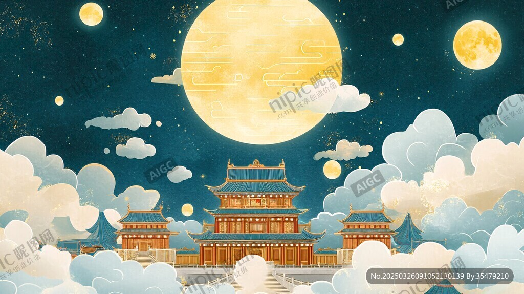月夜下的古風(fēng)樓閣美景