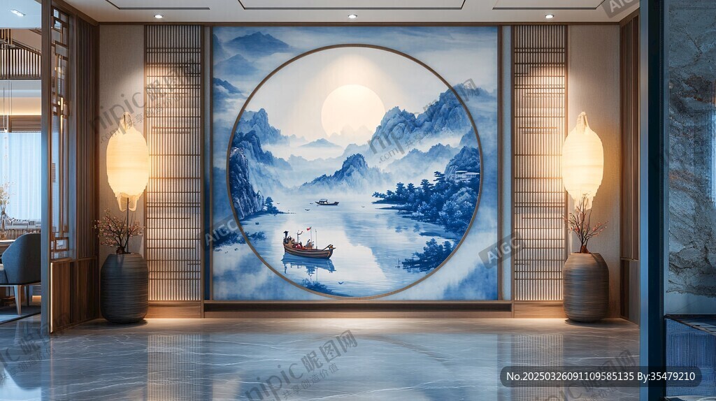 中式玄關(guān)處的山水瓷畫(huà)景觀(guān)