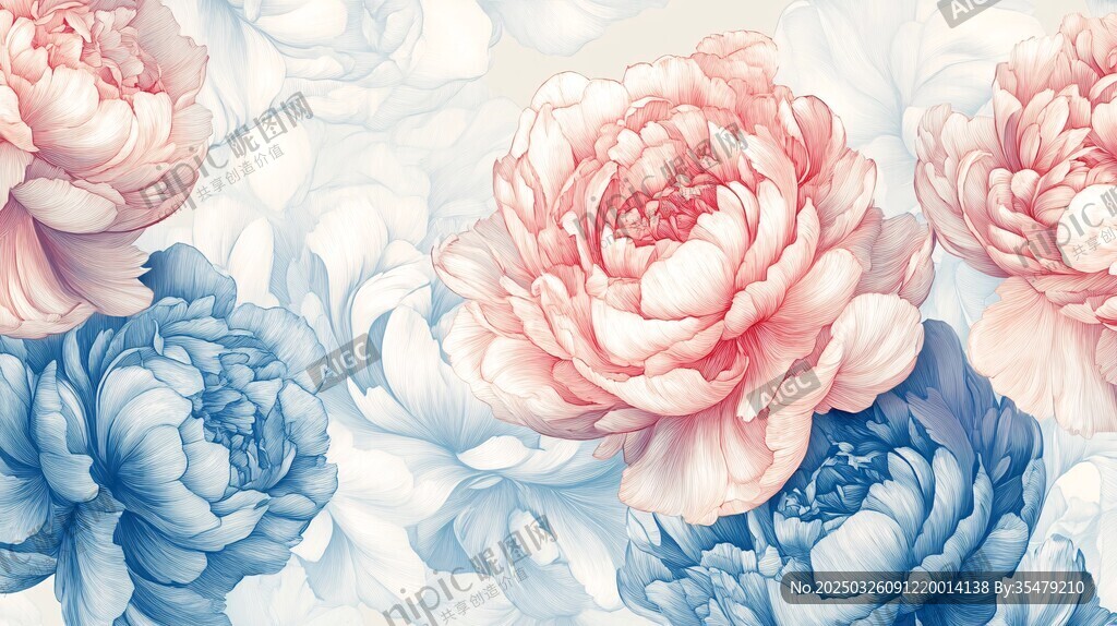 浪漫花卉圖案 藍(lán)粉牡丹花