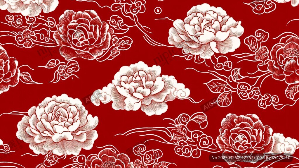 中式紅底牡丹云紋圖案