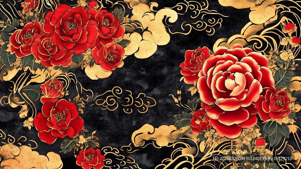 中式黑金牡丹云紋華麗圖案