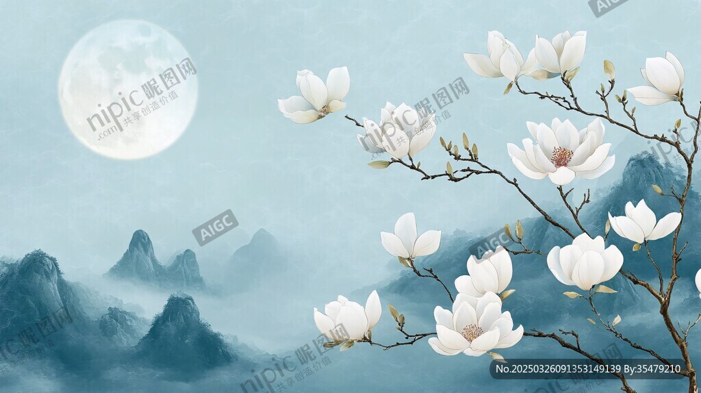 月夜玉蘭花綻于山巒間