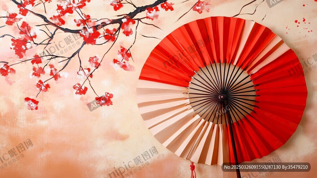 中式紅傘與爛漫花枝