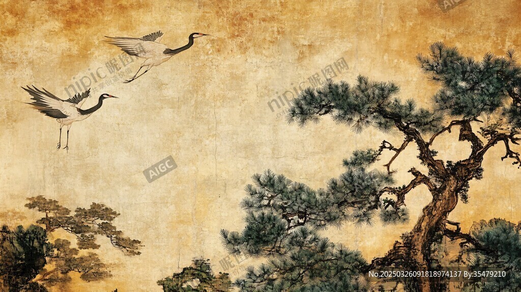 松鶴圖中雙鶴展翅高飛