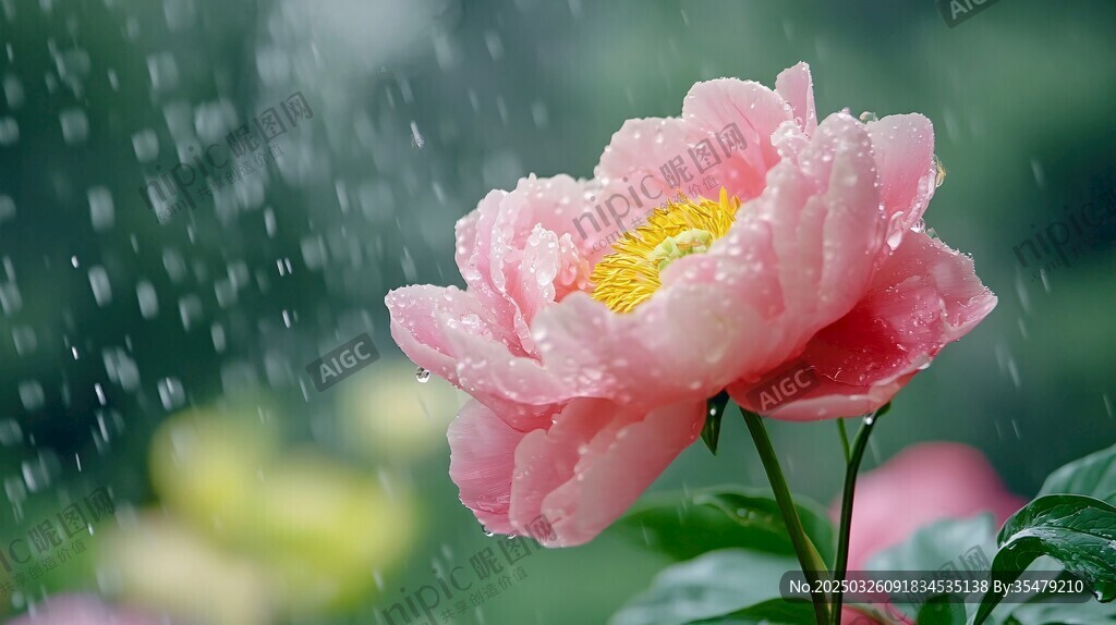 雨中嬌艷綻放的粉色芍藥