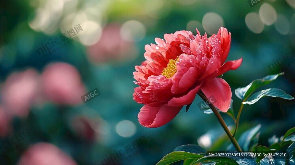 嬌艷紅牡丹綻放于綠意間
