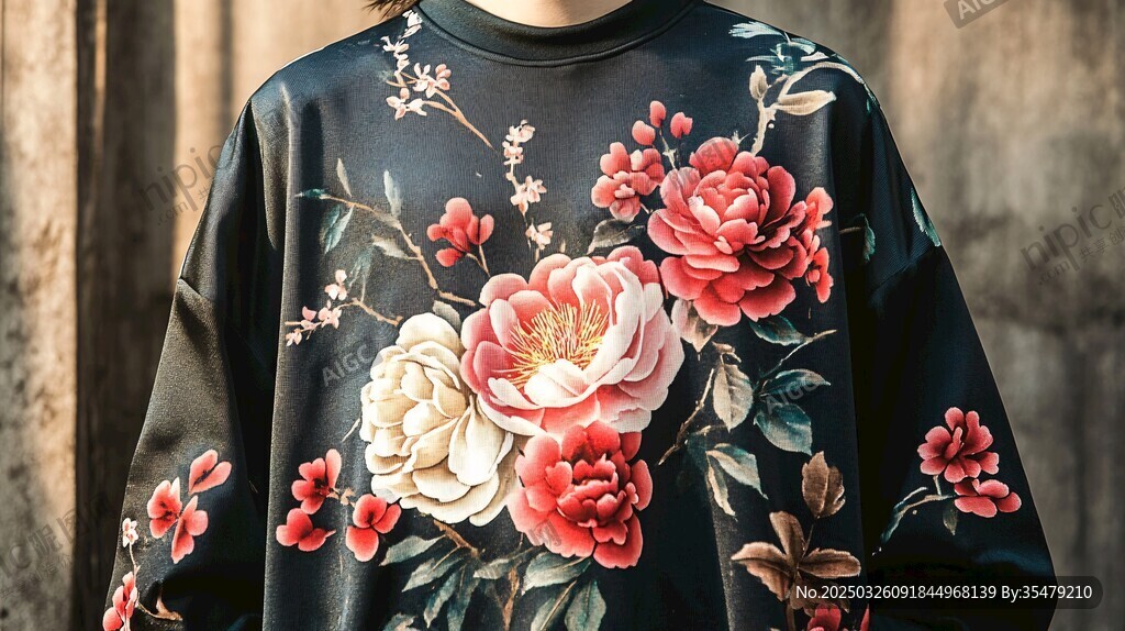 中式花卉圖案黑色衛(wèi)衣