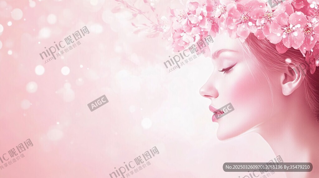 夢幻粉花飾顏的柔美女子