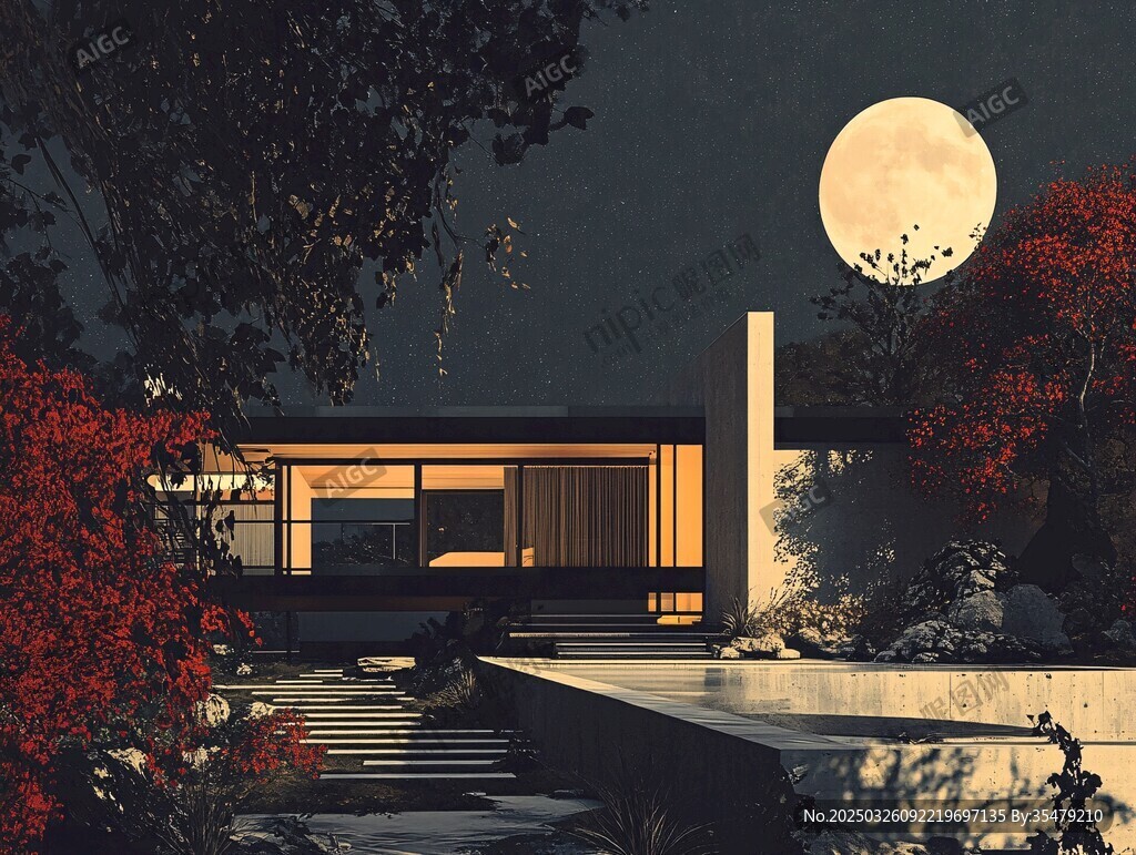 月夜下的現(xiàn)代庭院美景