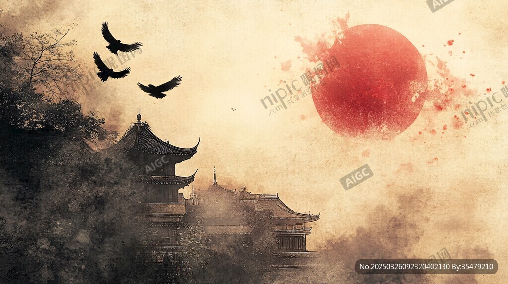 夕陽下的古建筑與飛鳥