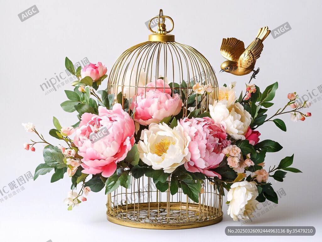 金色鳥籠中的浪漫花卉