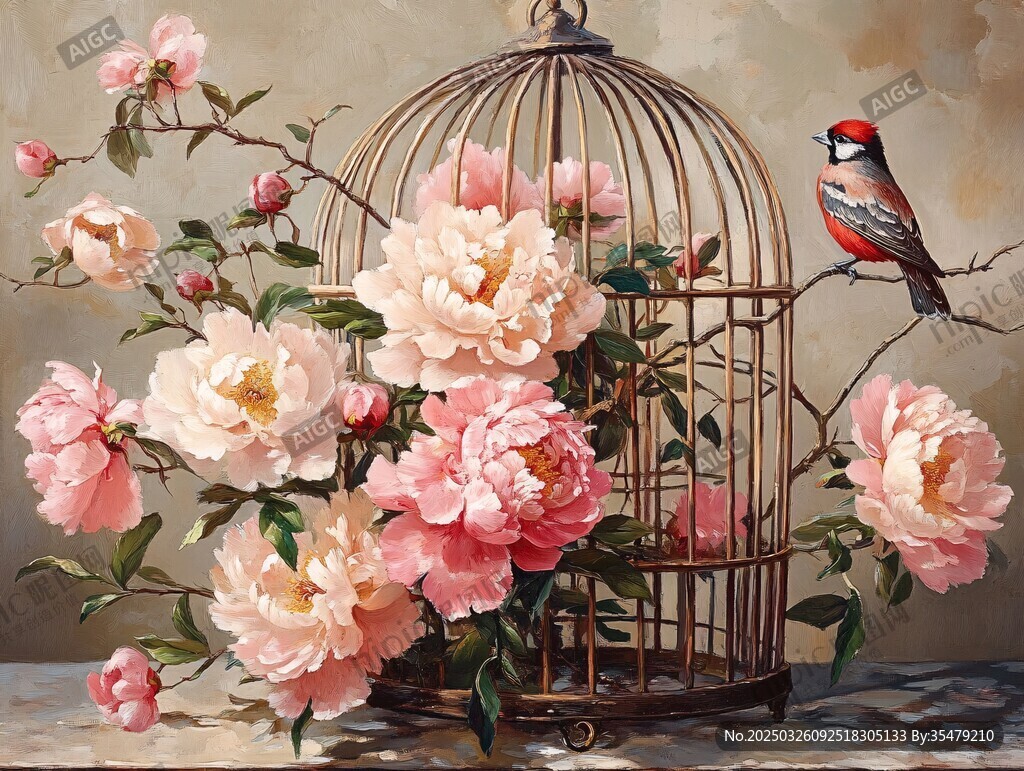 鳥棲花籠圖