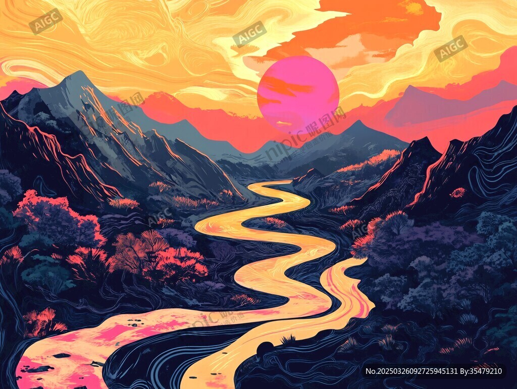 夕陽下蜿蜒山間公路美景