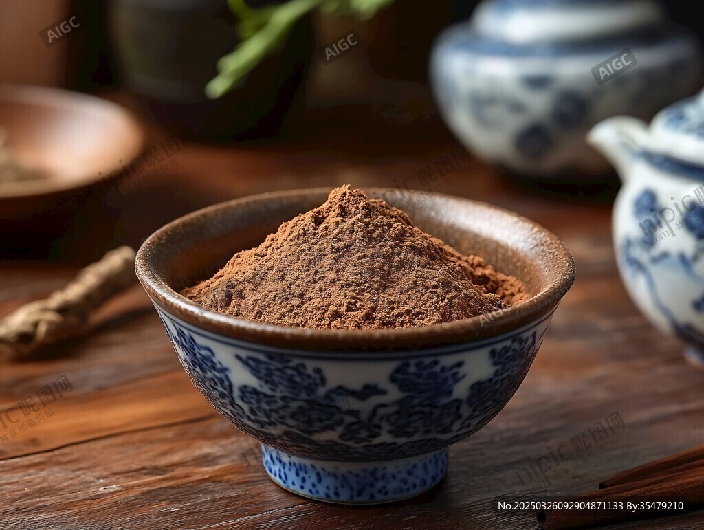 青花瓷碗中的褐色粉末