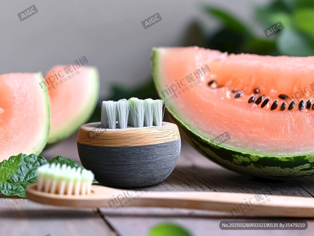 西瓜旁的天然竹制牙刷