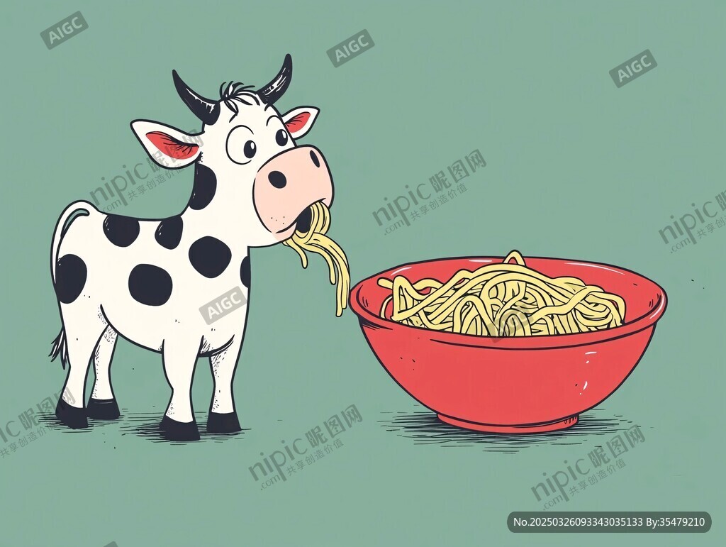 奶牛享用大碗面條插畫
