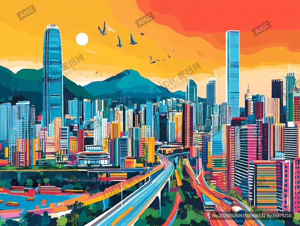 絢麗都市夕陽(yáng)下的繁華景象