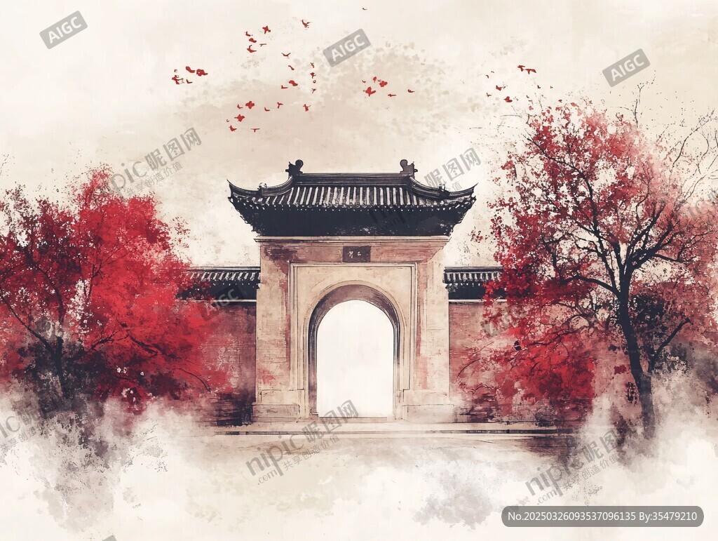 古風紅楓下的中式門樓
