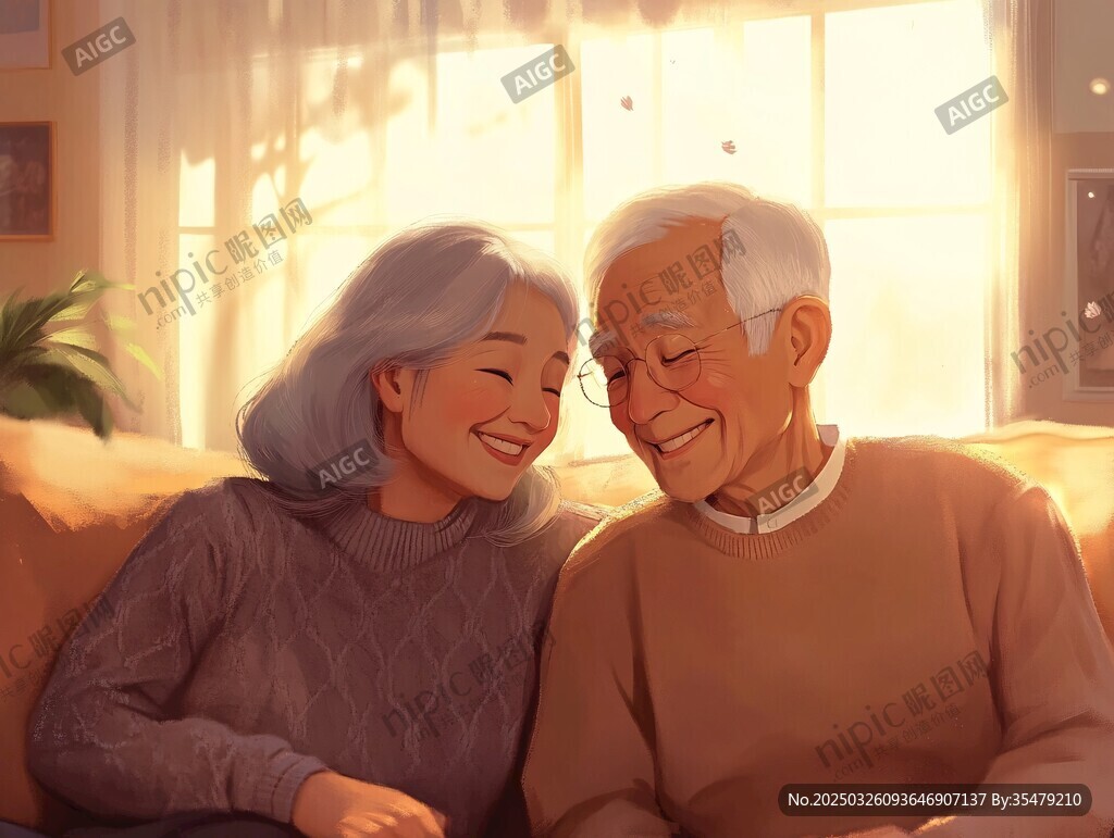 夕陽(yáng)下老夫妻溫馨依偎