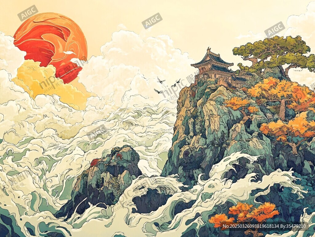 落日山海間的古韻景致