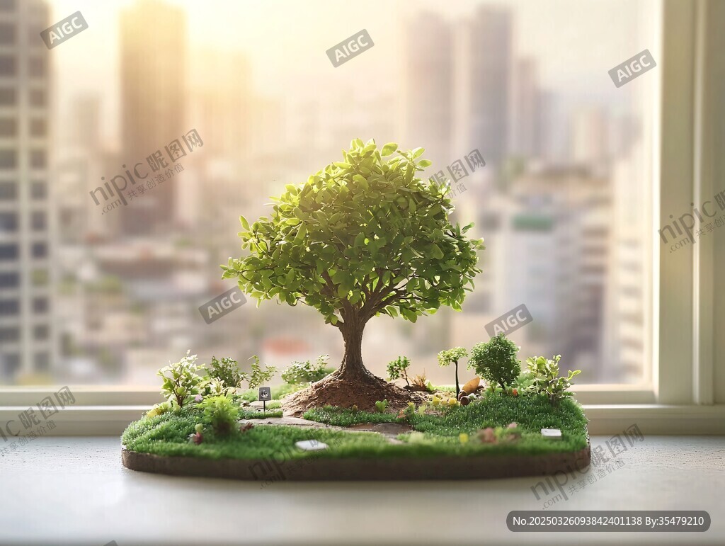 窗邊微縮綠意與城市遠景
