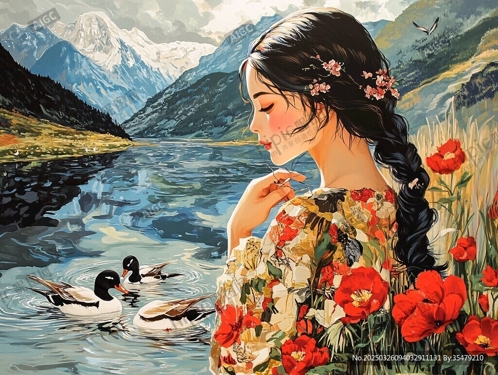 湖畔花衣少女賞鴨景