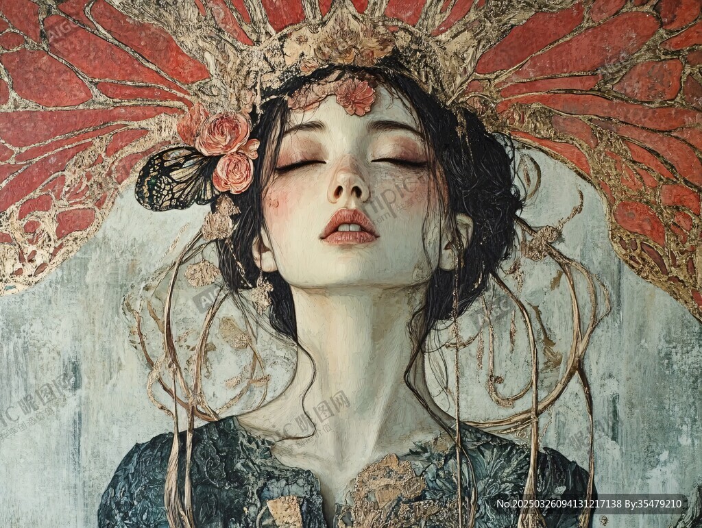 夢幻花飾女子閉眼沉思