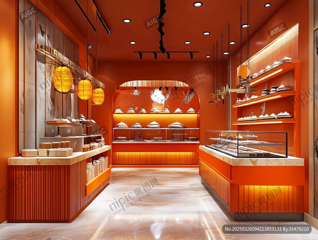 橙色調中式糕點店內部場景