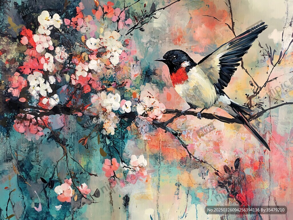 花鳥繪景 靈動鳥兒棲繁花