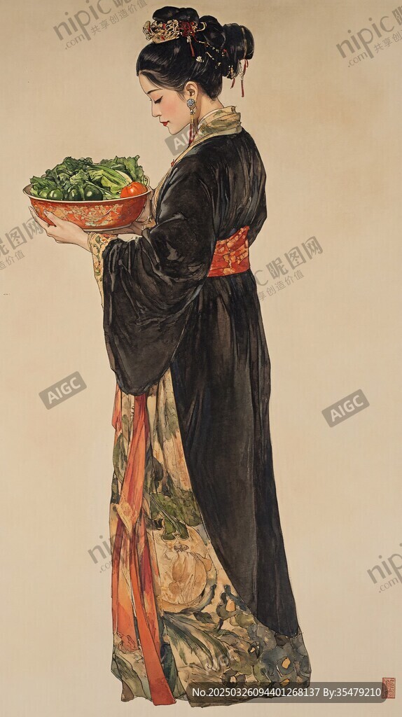 古典女子捧果圖