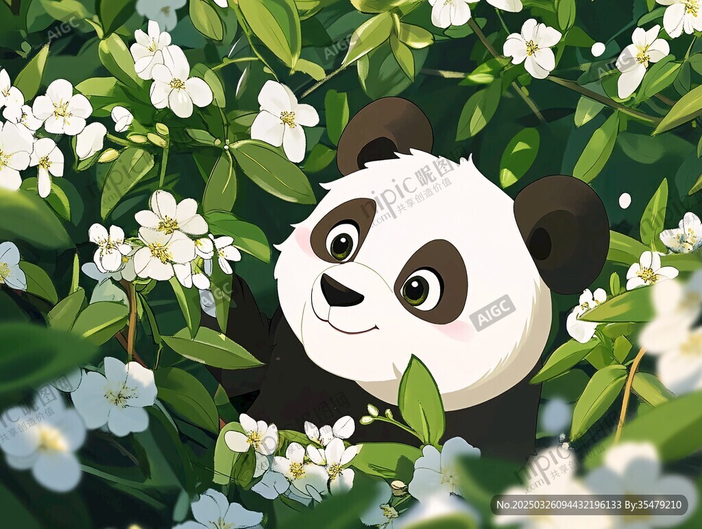 花叢中的可愛(ài)熊貓