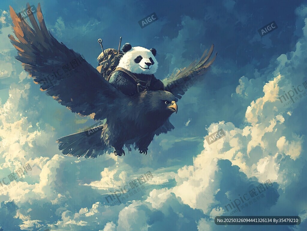 熊貓騎鷹翱翔云端