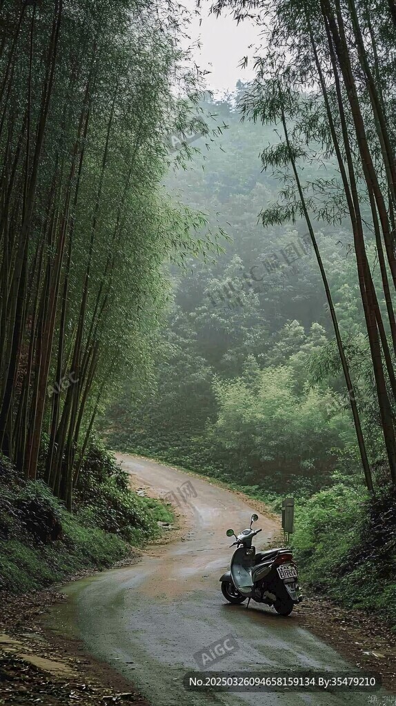 竹林間小道上的摩托車