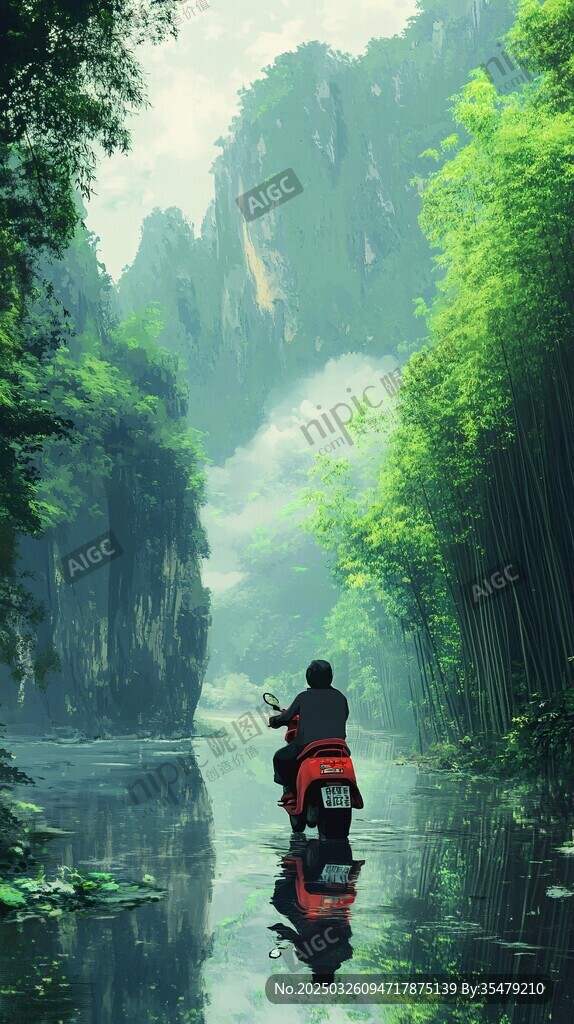 騎摩托穿行山水間的旅人