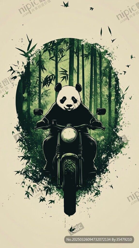 熊貓騎摩托穿梭竹林間