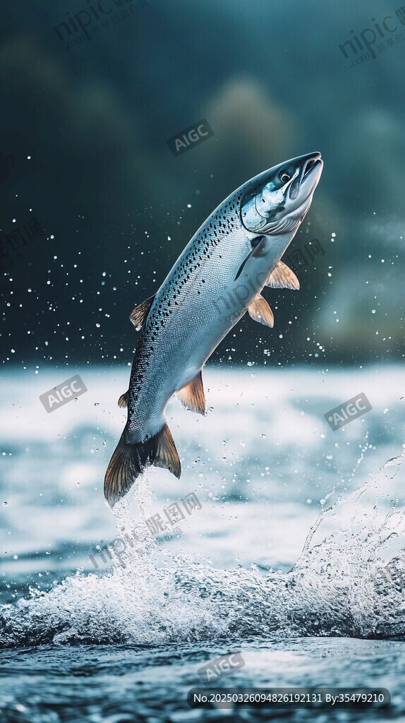 躍出水面的健壯鮭魚