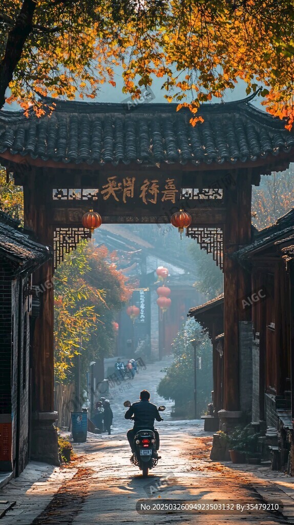 古巷秋景中騎行的身影