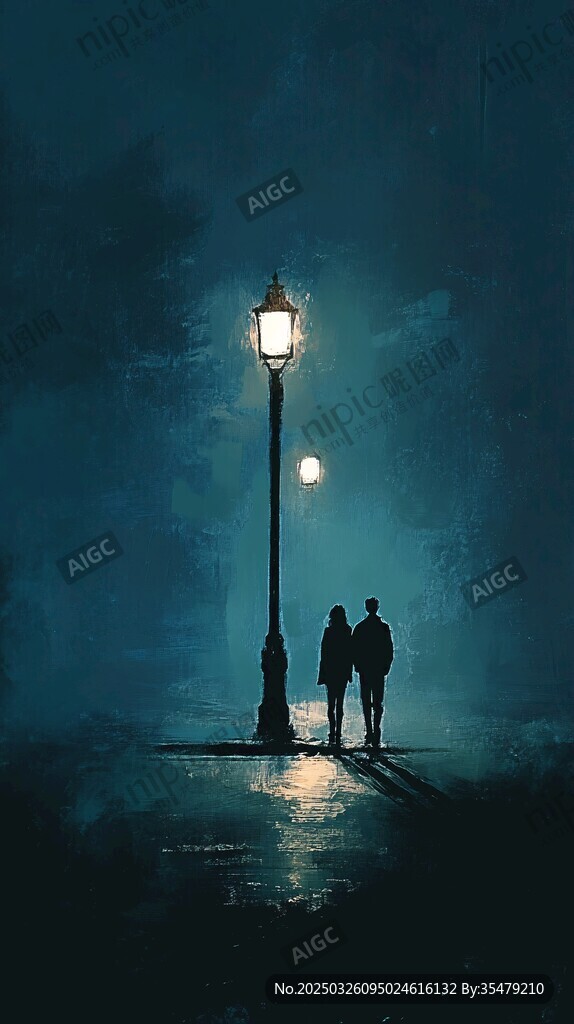 雨夜燈下的浪漫情侶身影