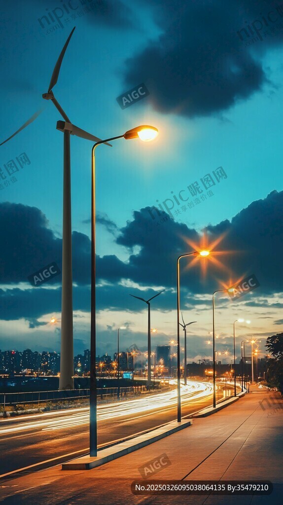 黃昏下的風力發電與城市街道