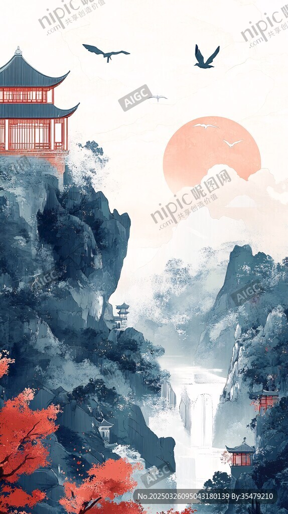 秋山亭閣飛鳥落日圖