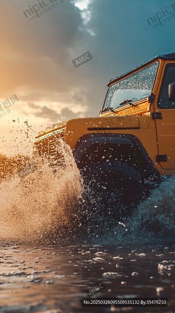 黃色越野車破浪前行