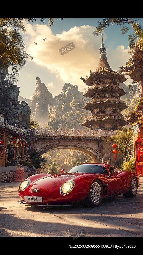 紅色跑車(chē)邂逅中式古韻景觀
